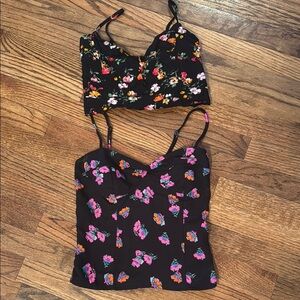 Floral Print Women's Tops - Black and Multicolor